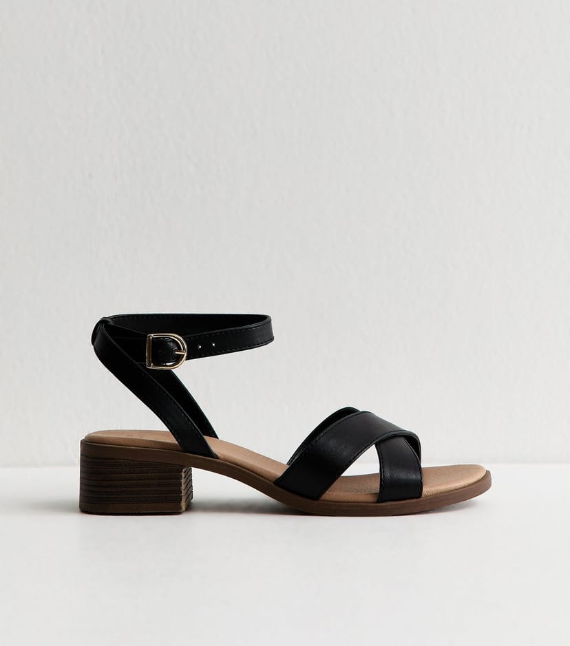 New Look Women's Wide Fit Black Faux Leather Block Heel Sandals Vegan New Look - 1