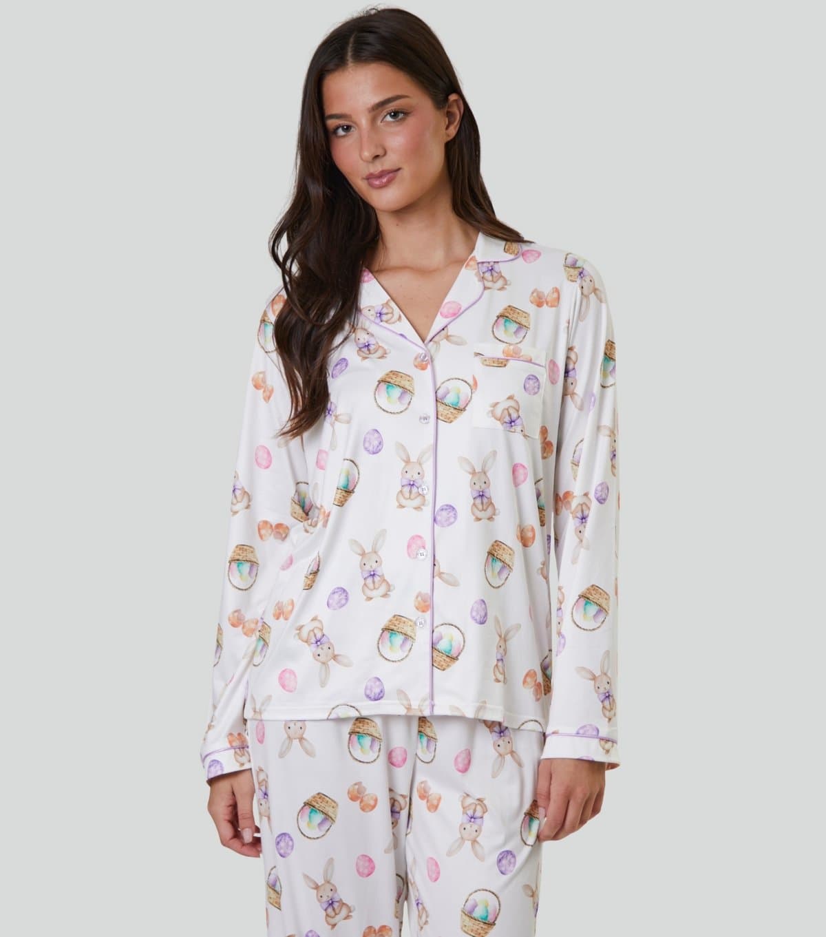 Loungeable Women's White Easter Bunny Print Long Sleeve Shirt and Trouser Pyjama Set Loungeable New Look