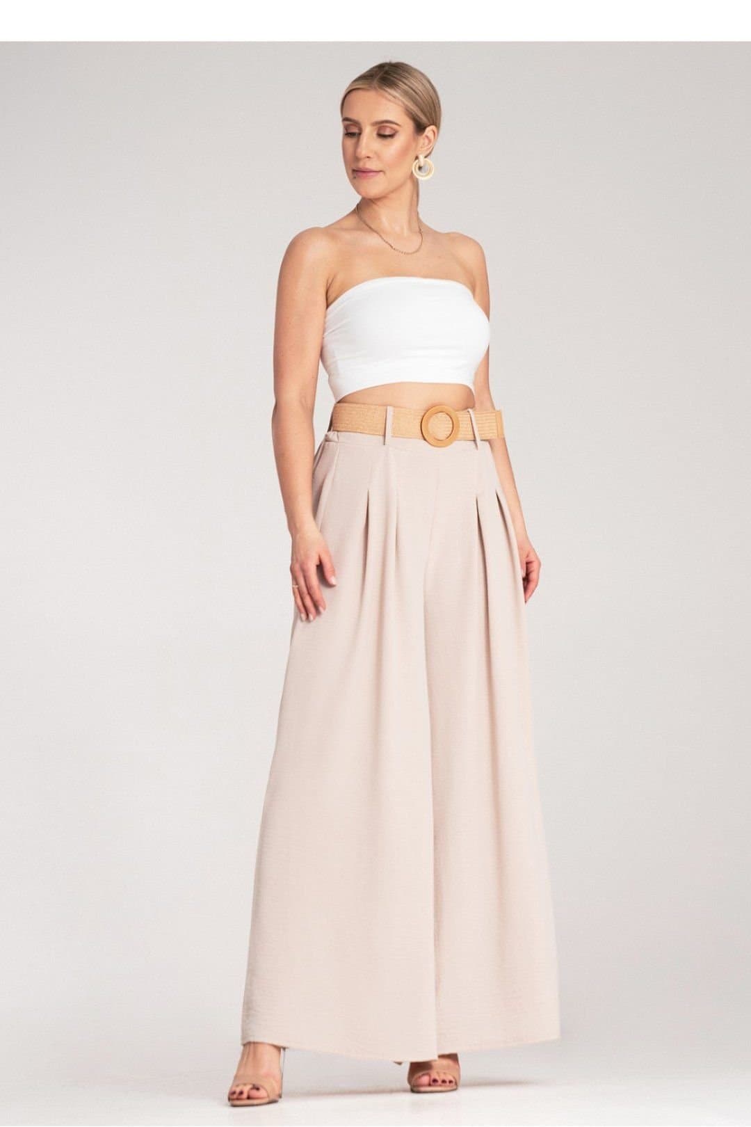 Love Lace Love Lace Beige High Waist Wide Leg Trousers with Braided Belt