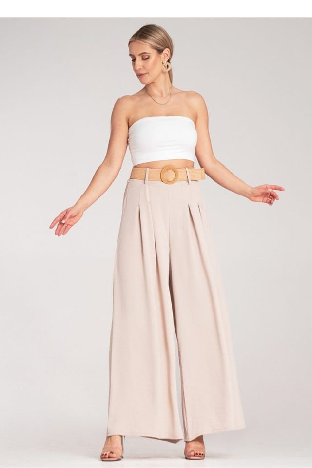 Love Lace Love Lace Women's High Waist Wide Leg Trousers with Braided Belt in Beige - 2