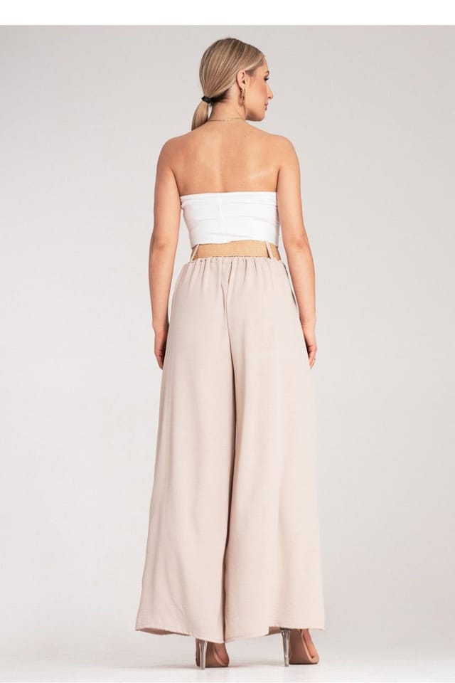 Love Lace Love Lace Women's High Waist Wide Leg Trousers with Braided Belt in Beige - 3