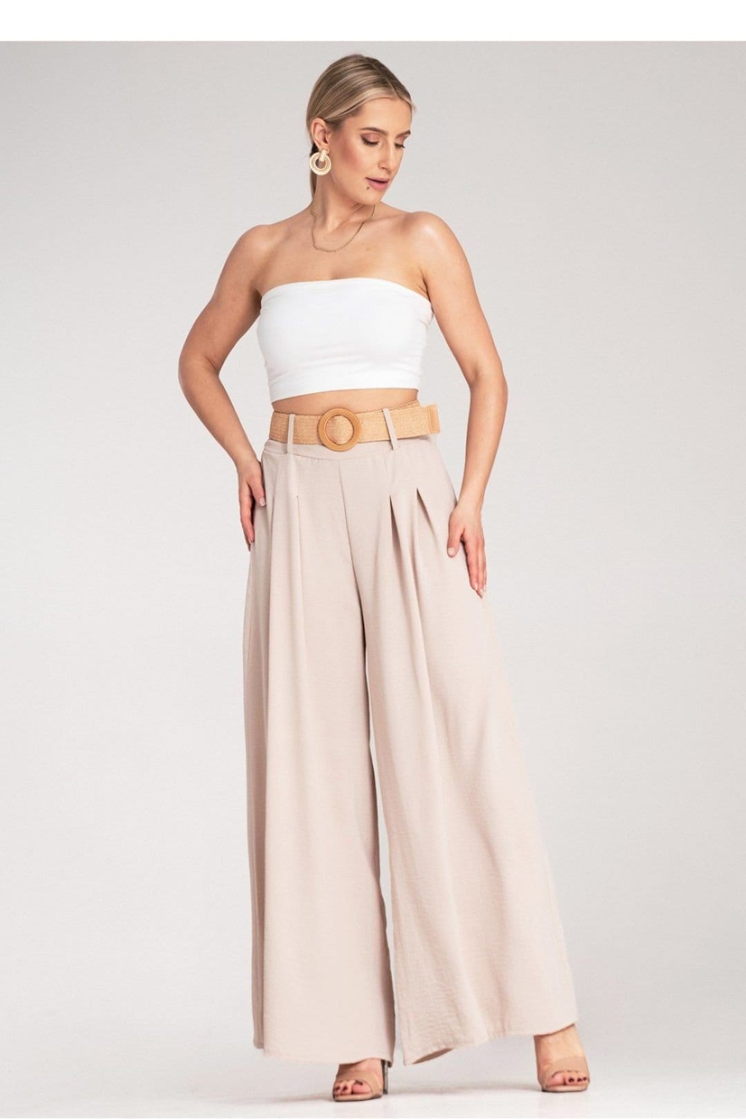 Love Lace Love Lace Women's High Waist Wide Leg Trousers with Braided Belt in Beige - 4