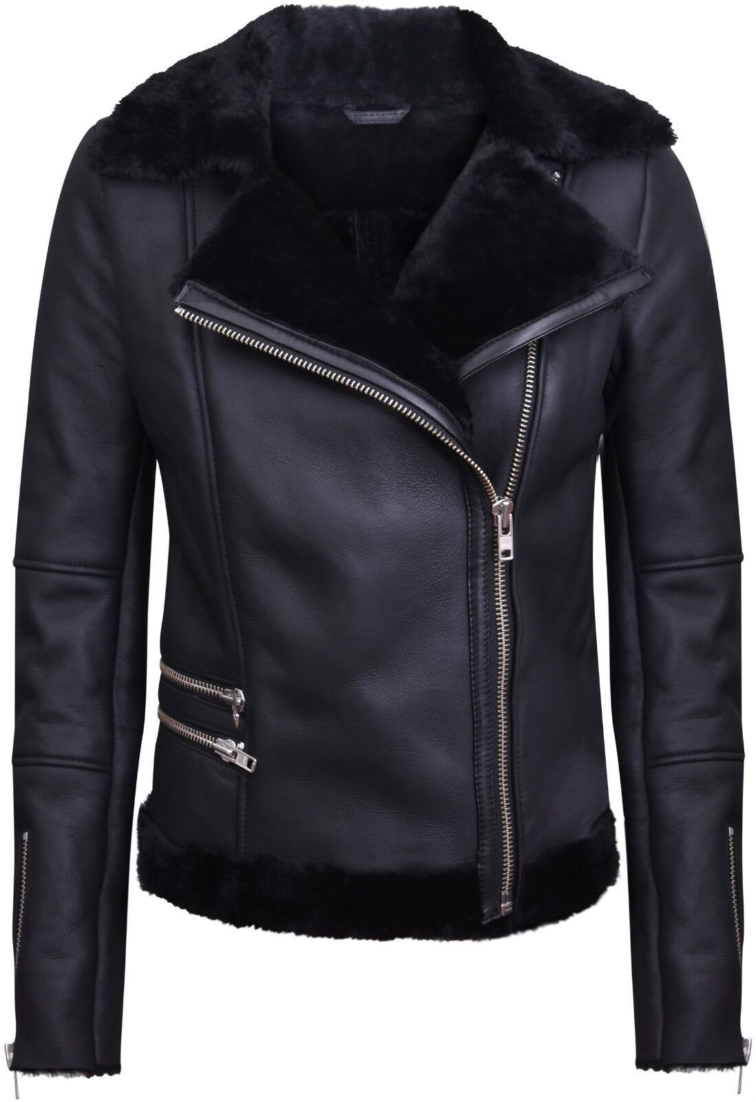 Infinity Leather Infinity Leather Women's Shearling Sheepskin Aviator Jacket-Kiev in Black - 3