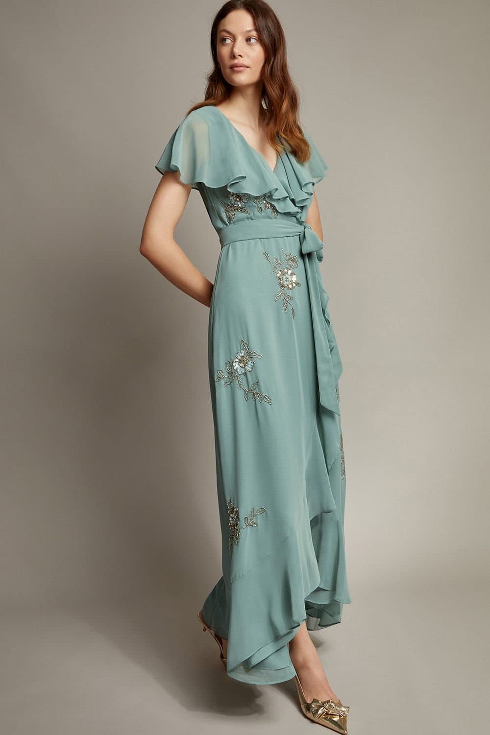 Monsoon Monsoon Women's Ausha Floral Embellished Maxi Wrap Dress Green