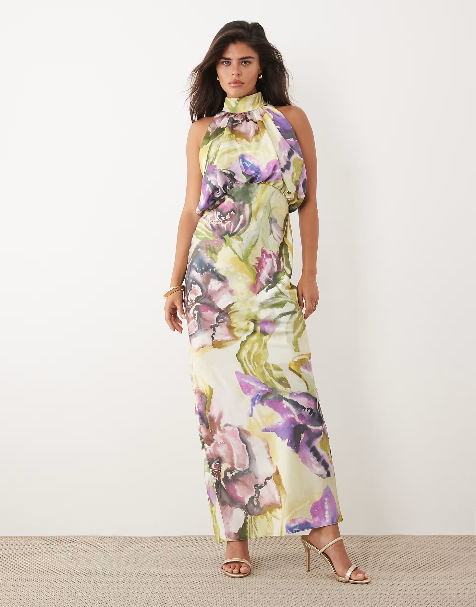 ASOS ASOS DESIGN halter neck blouson satin maxi dress in painted floral print