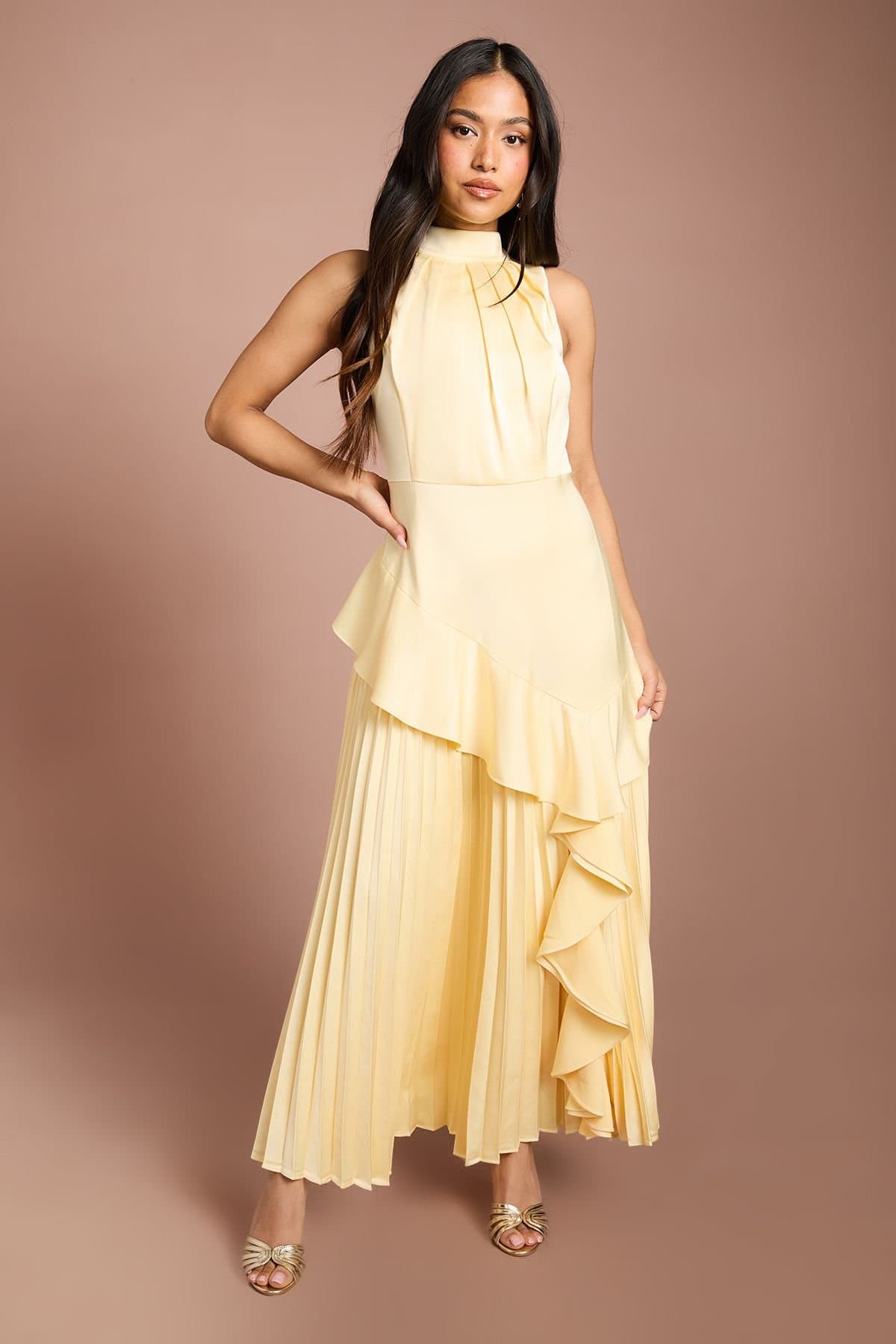 Coast Coast Women's Petite Sleeveless Ruffle Pleat Satin Back Crepe Dress in Lemon