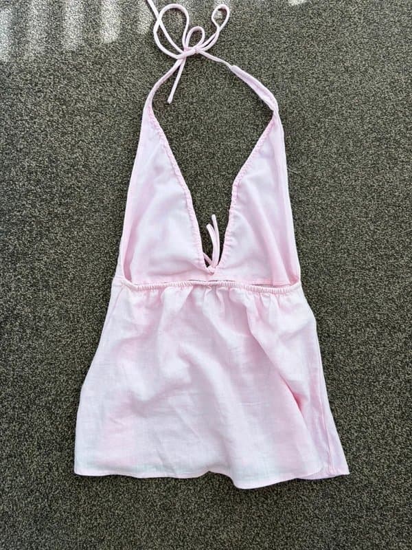Bershka Berhska linen halter neck top in pink