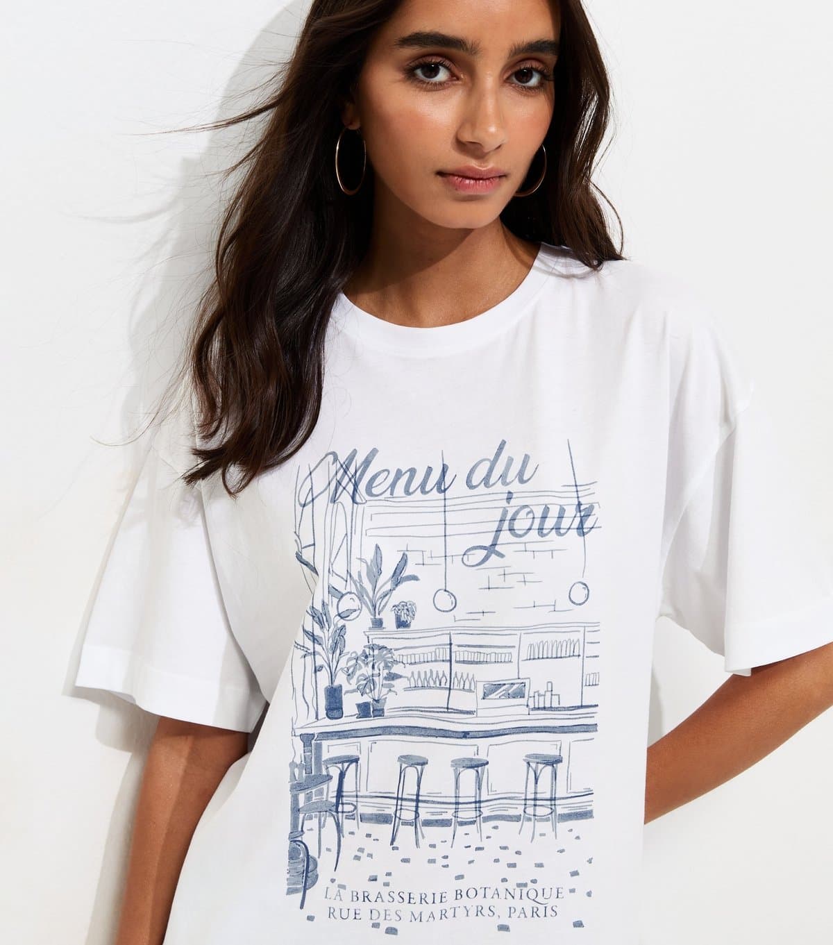New Look Women's White Cotton Menu du Jour Print Oversized T-Shirt New Look