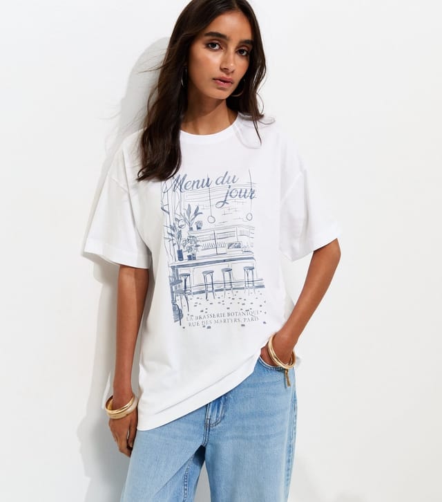 New Look Women's White Cotton Menu du Jour Print Oversized T-Shirt New Look - 2