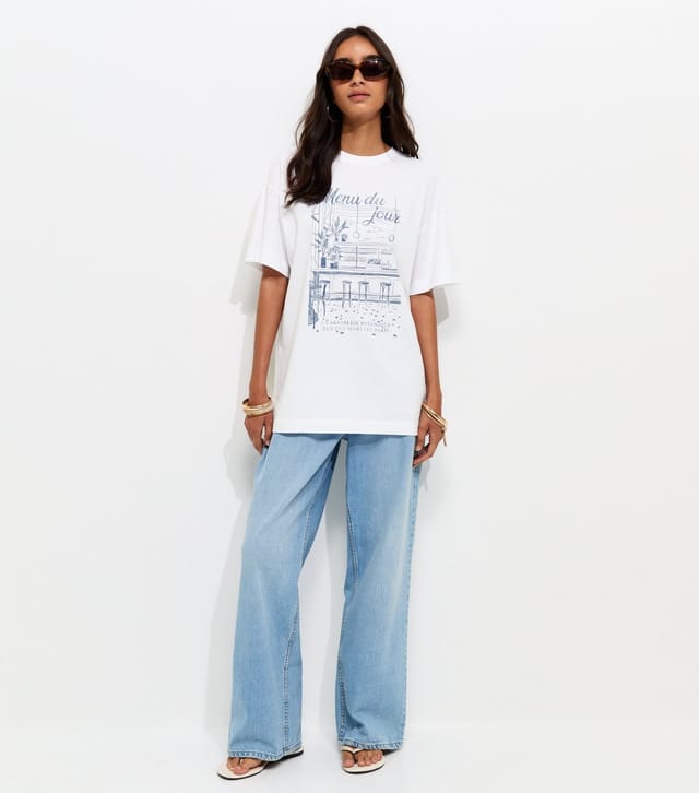 New Look Women's White Cotton Menu du Jour Print Oversized T-Shirt New Look - 3