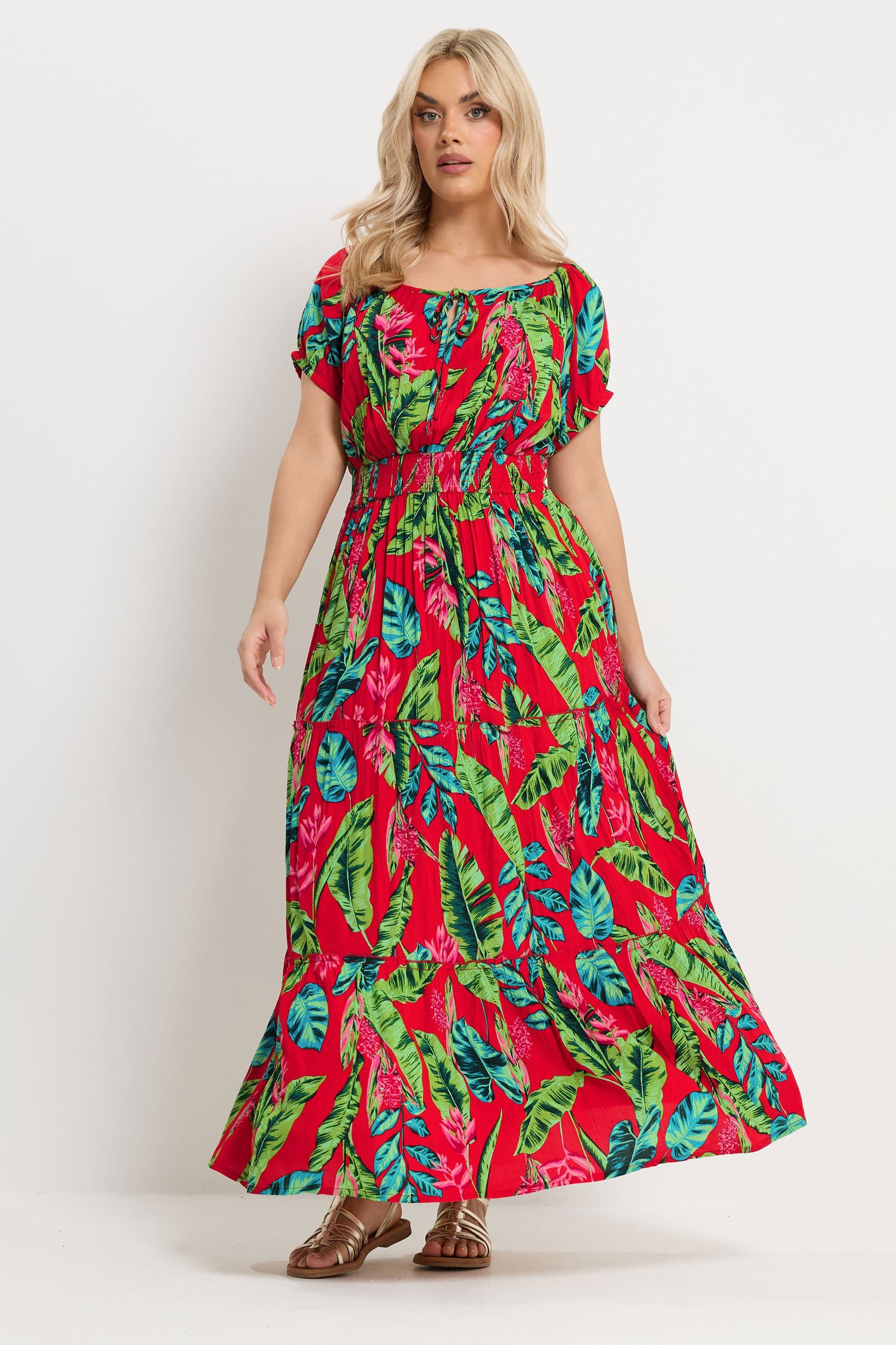 Yours Plus Size Red Tropical Tie Neck Bardot Maxi Dress