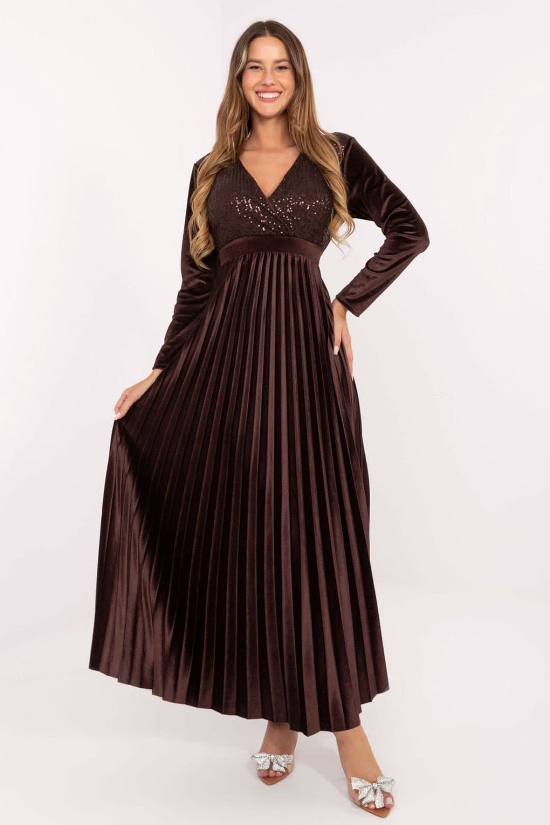 Love Lace Love Lace Women's Sequin Wrap Maxi Dress with Pleated Skirt Style 220046 in Brown