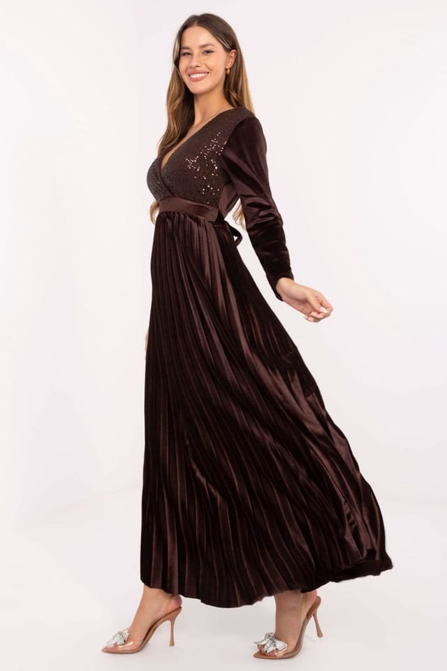 Love Lace Love Lace Women's Sequin Wrap Maxi Dress with Pleated Skirt Style 220046 in Brown - 2