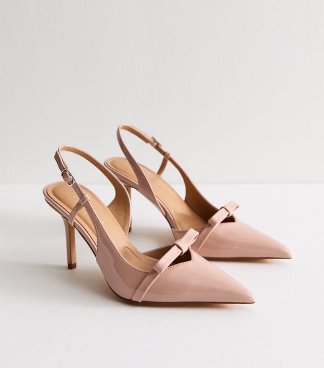 New Look Women's Pink Faux Patent Bow Appliqued Slingback Court Shoes Vegan New Look - 2