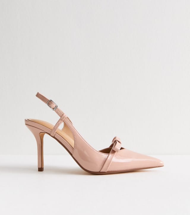 New Look Women's Pink Faux Patent Bow Appliqued Slingback Court Shoes Vegan New Look - 3