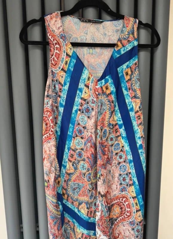 Zara ZARA Colourful Paisley Print Midi Dress V Neck Swing Fit With Pockets