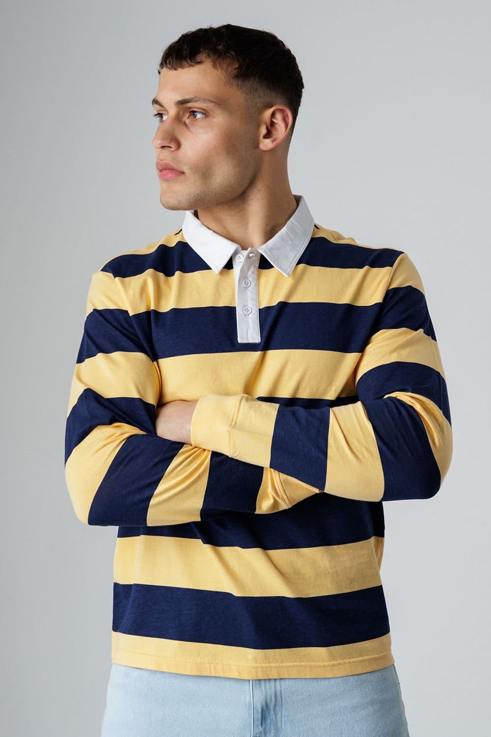 Influence Influence Men's Cotton Rugby-Style Striped Long Sleeve Button Polo Shirt in Navy