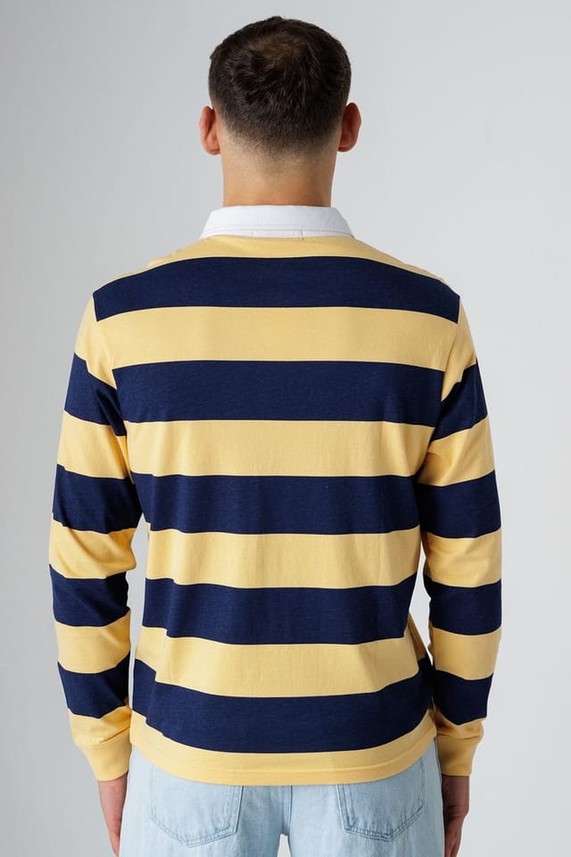 Influence Influence Men's Cotton Rugby-Style Striped Long Sleeve Button Polo Shirt in Navy - 2