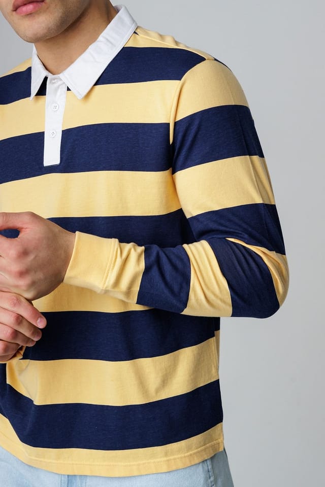 Influence Influence Men's Cotton Rugby-Style Striped Long Sleeve Button Polo Shirt in Navy - 3