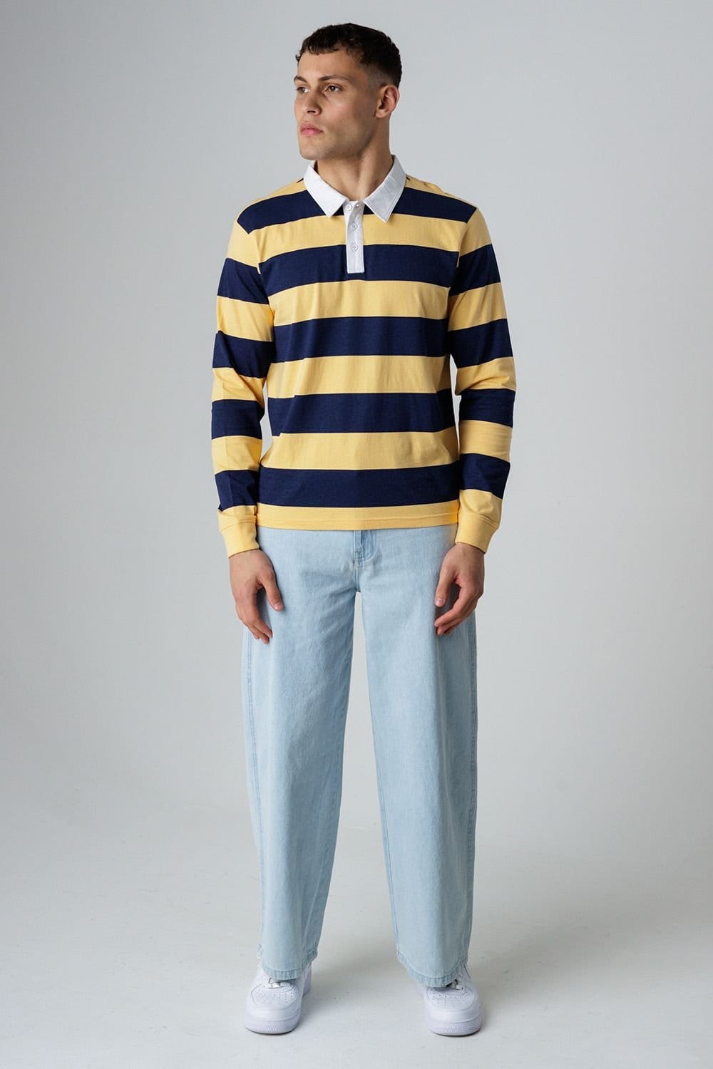 Influence Influence Men's Cotton Rugby-Style Striped Long Sleeve Button Polo Shirt in Navy - 4