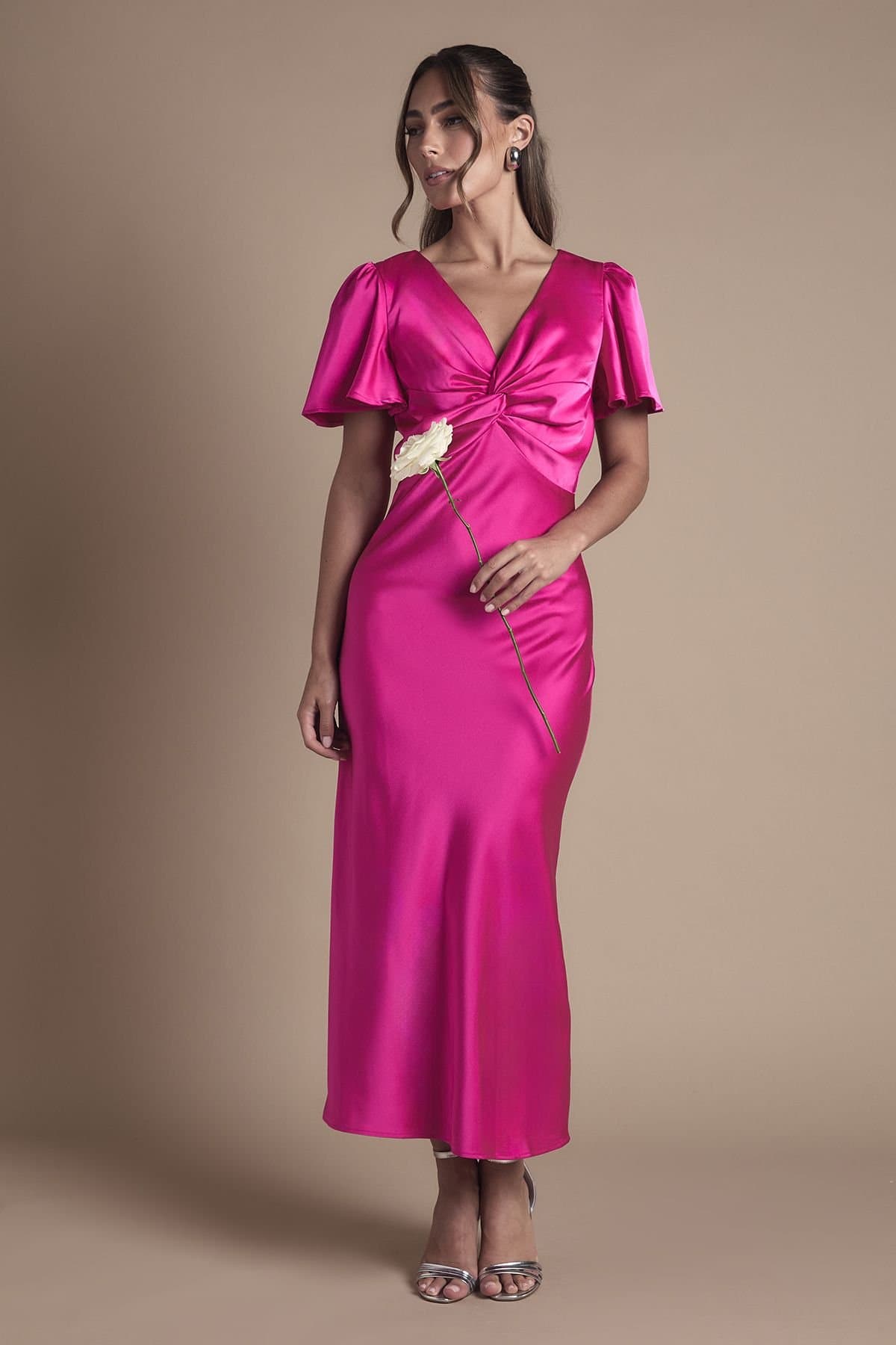 Oasis Oasis Women's Satin Twist Front Angel Sleeve Midi Bridesmaid Dress in Bright Pink