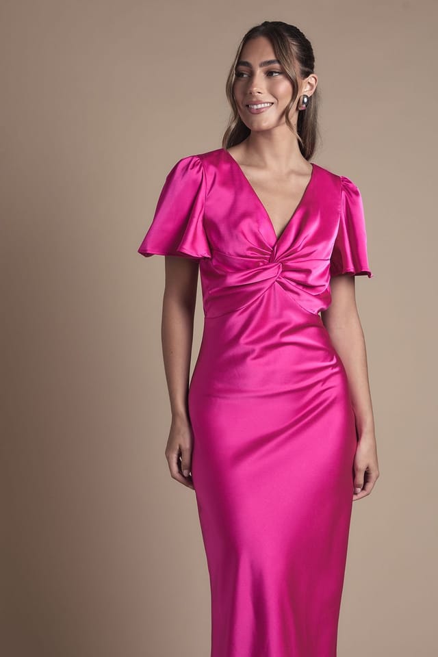 Oasis Oasis Women's Satin Twist Front Angel Sleeve Midi Bridesmaid Dress in Bright Pink - 3