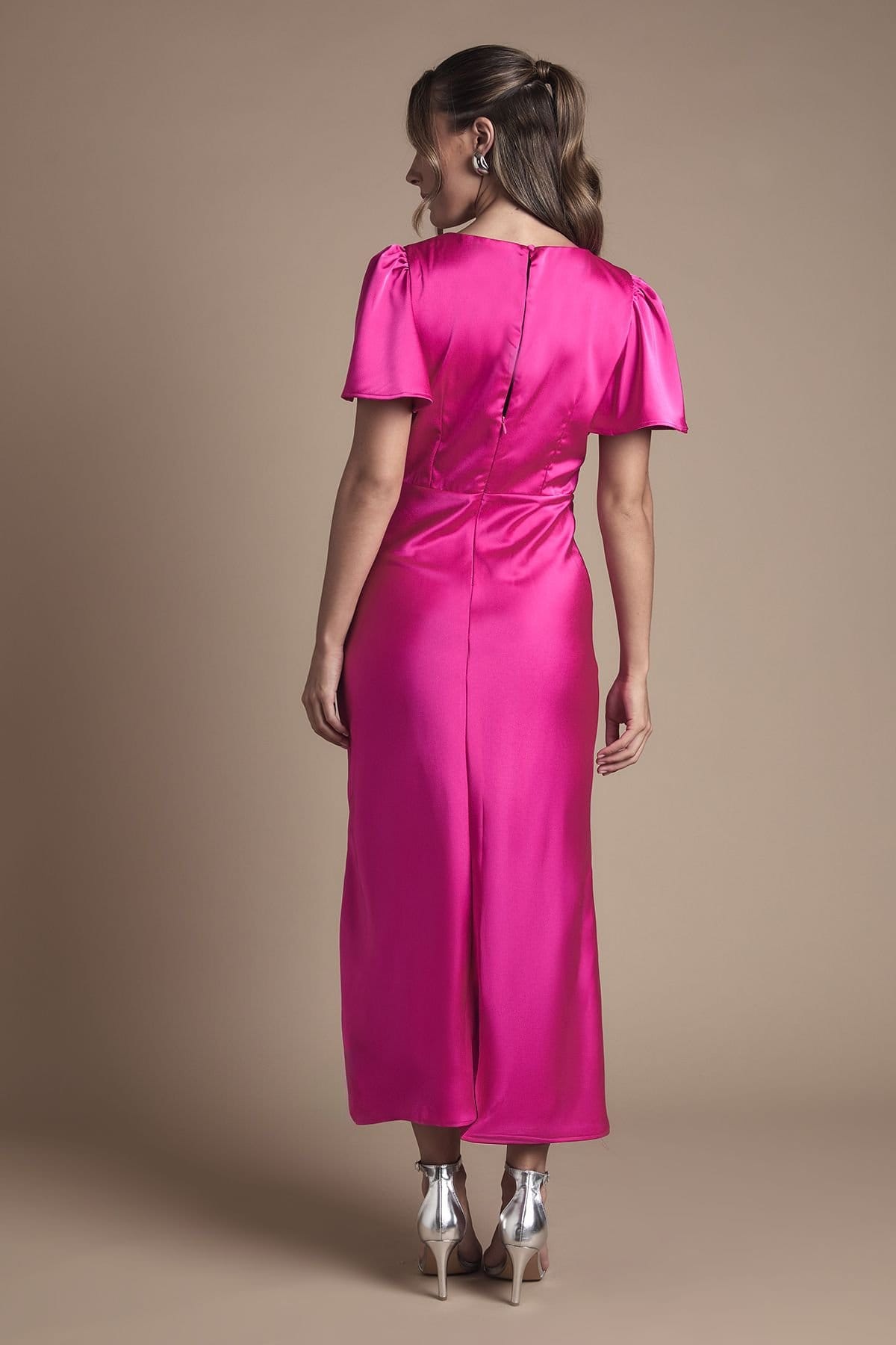 Oasis Oasis Women's Satin Twist Front Angel Sleeve Midi Bridesmaid Dress in Bright Pink - 4