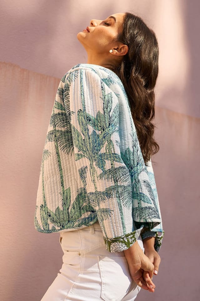 Yumi Yumi Women's Green Palm Reversible Cotton Quilted Jacket - 2