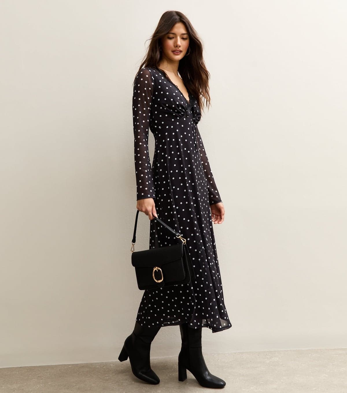 New Look Women's Black Polka Dot Mesh Long Sleeve Midi Dress New Look