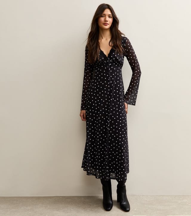 New Look Women's Black Polka Dot Mesh Long Sleeve Midi Dress New Look - 2