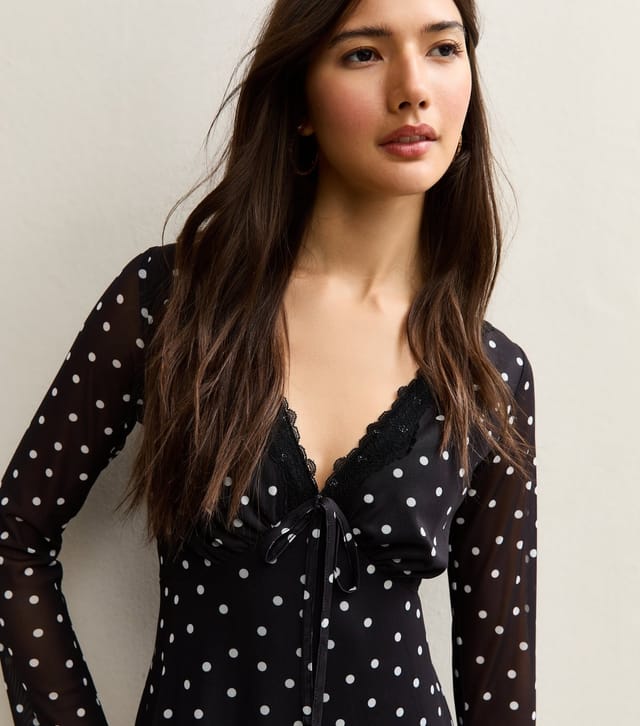 New Look Women's Black Polka Dot Mesh Long Sleeve Midi Dress New Look - 3