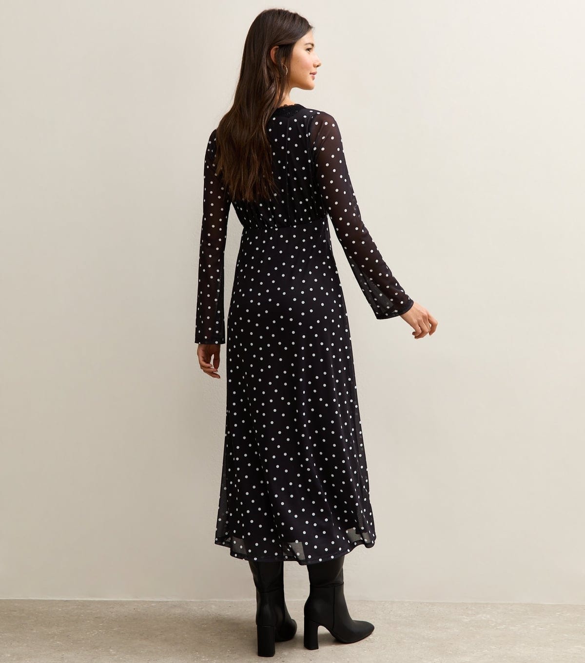 New Look Women's Black Polka Dot Mesh Long Sleeve Midi Dress New Look - 4