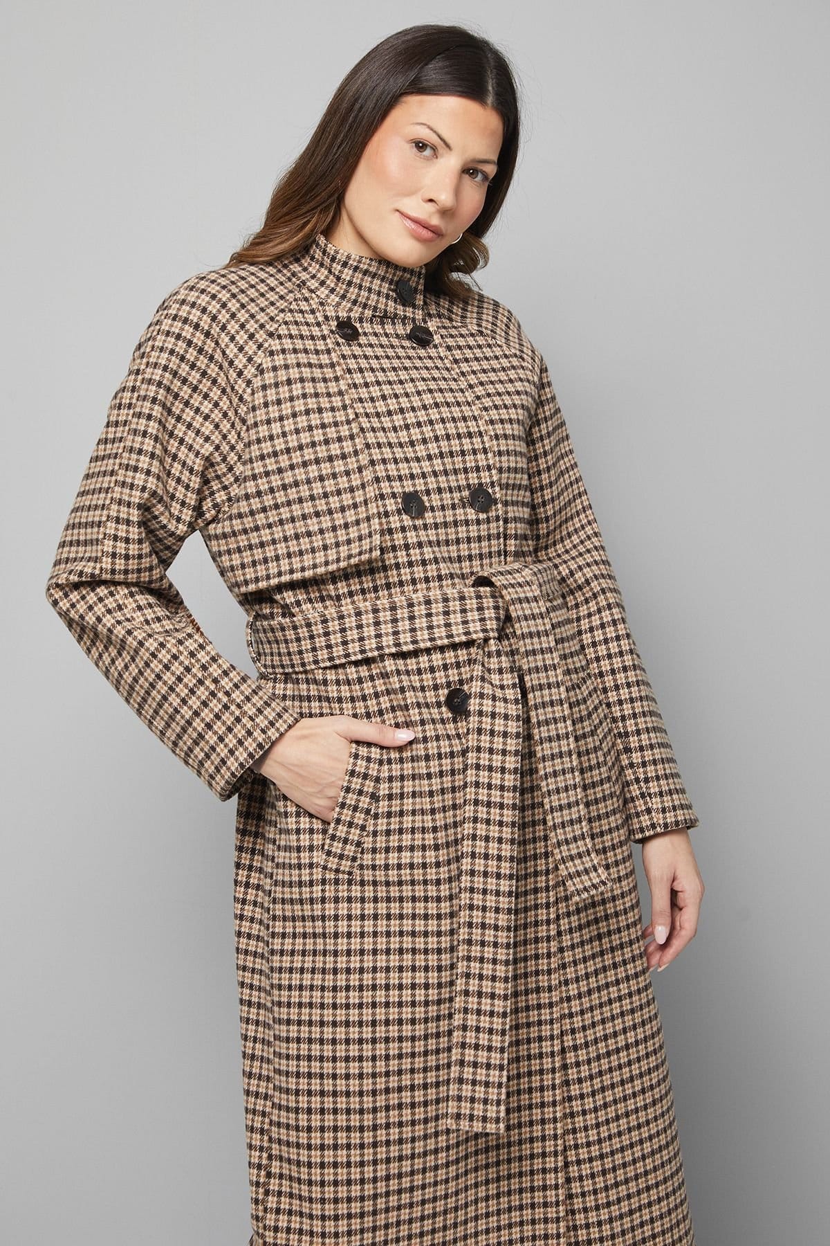 Wallis Wallis Women's Wrap Funnel Neck Check Coat in Neutral - 4