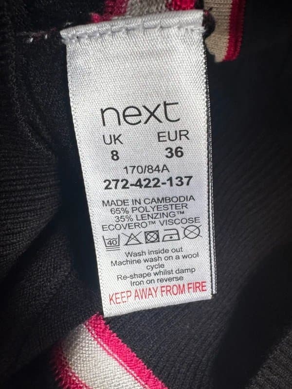 Next Next Ladies’ Black Turtleneck  Jumper with White & Pink Stripes – UK Size S