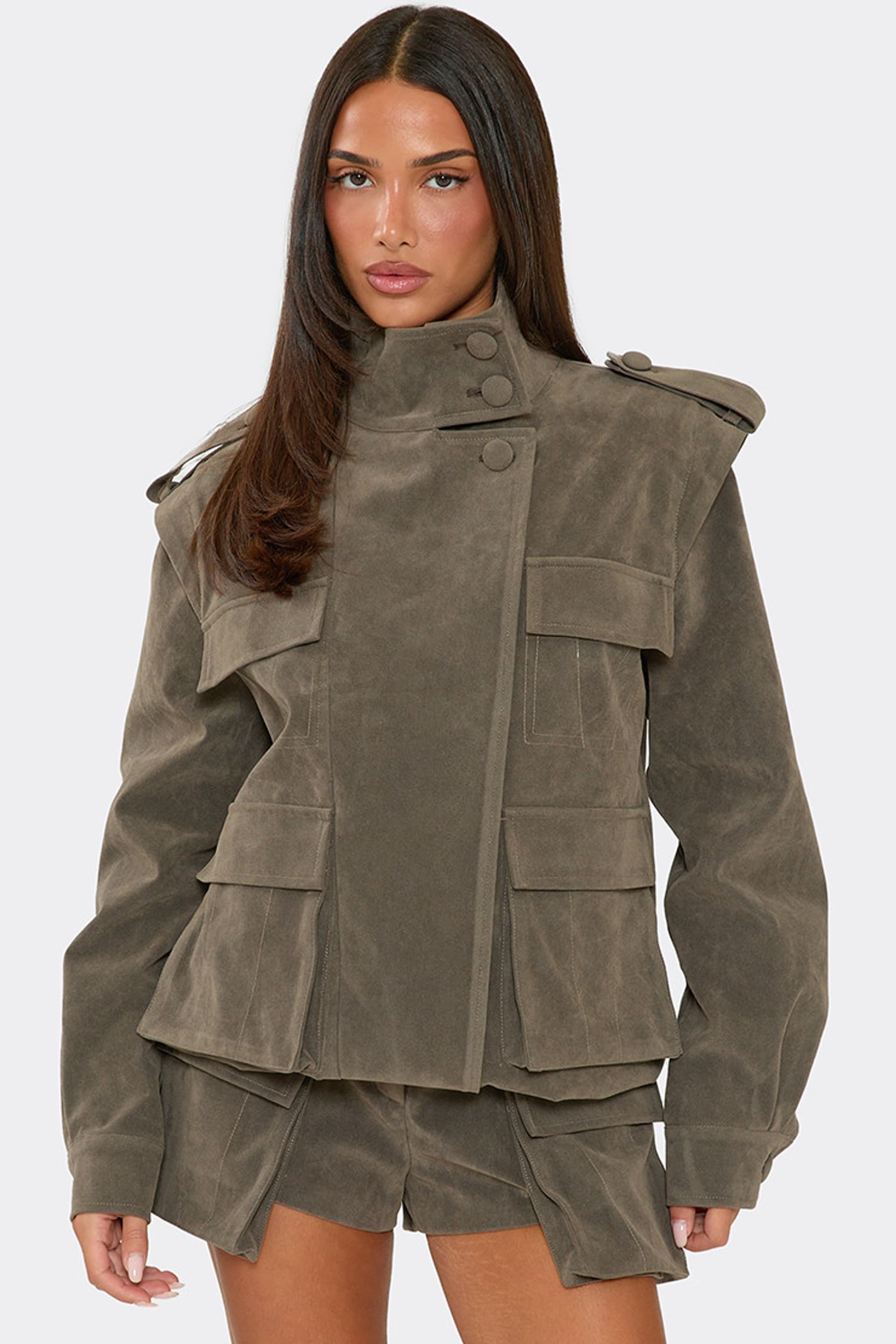 EGO EGO Women's Long Sleeve Pocket Detail Faux Suede Jacket in Olive