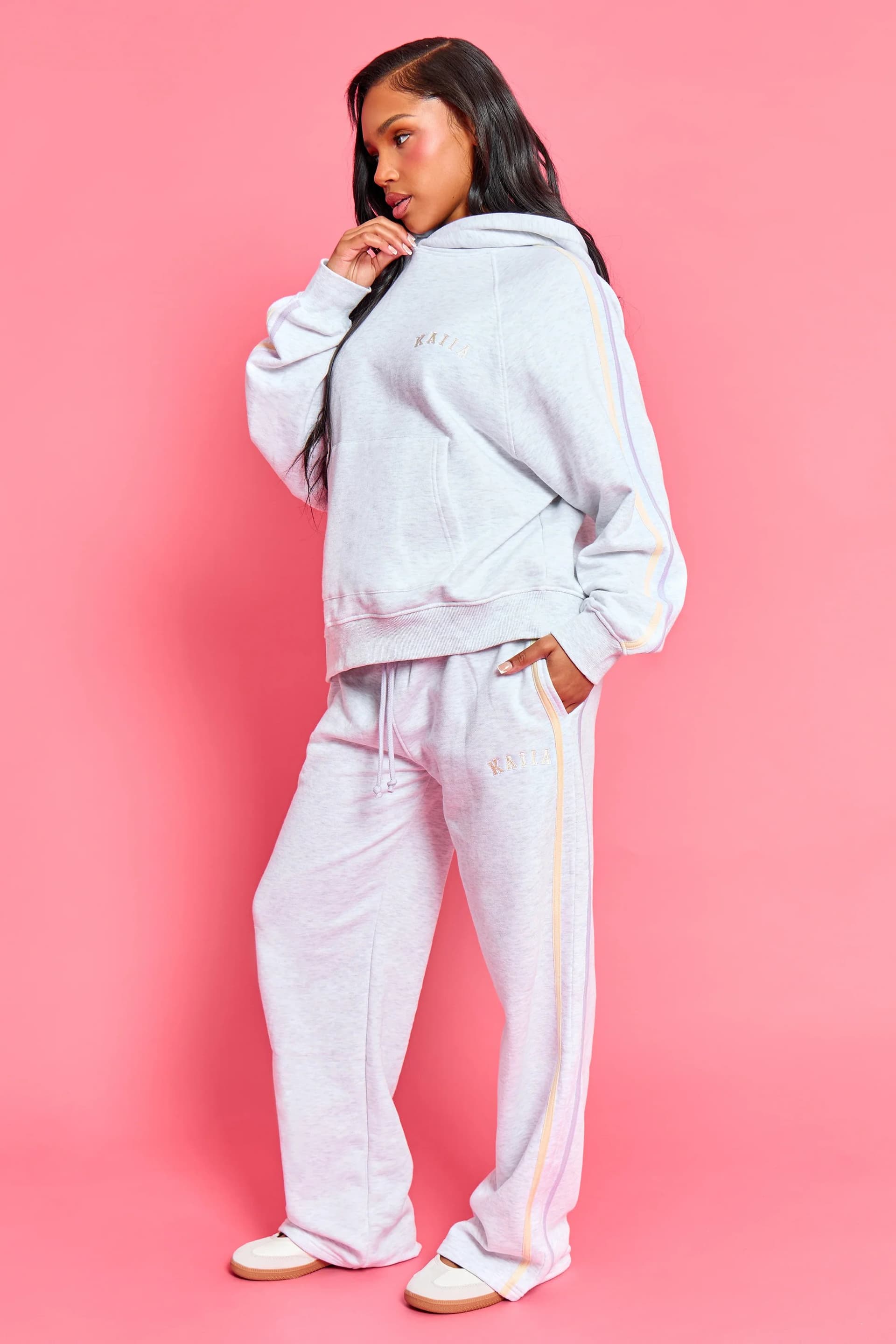 Kaiia Kaiia Sport Side Stripe Wide Leg Joggers Light Grey Marl With Lemon & Lilac