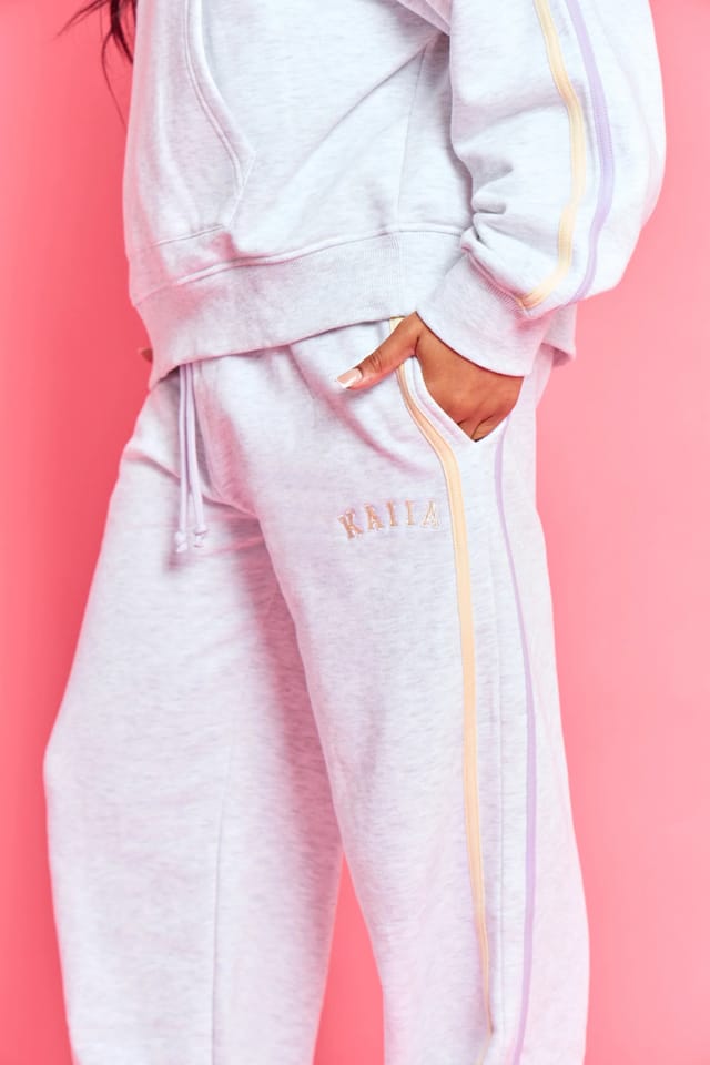 Kaiia Kaiia Sport Side Stripe Wide Leg Joggers Light Grey Marl With Lemon & Lilac - 2