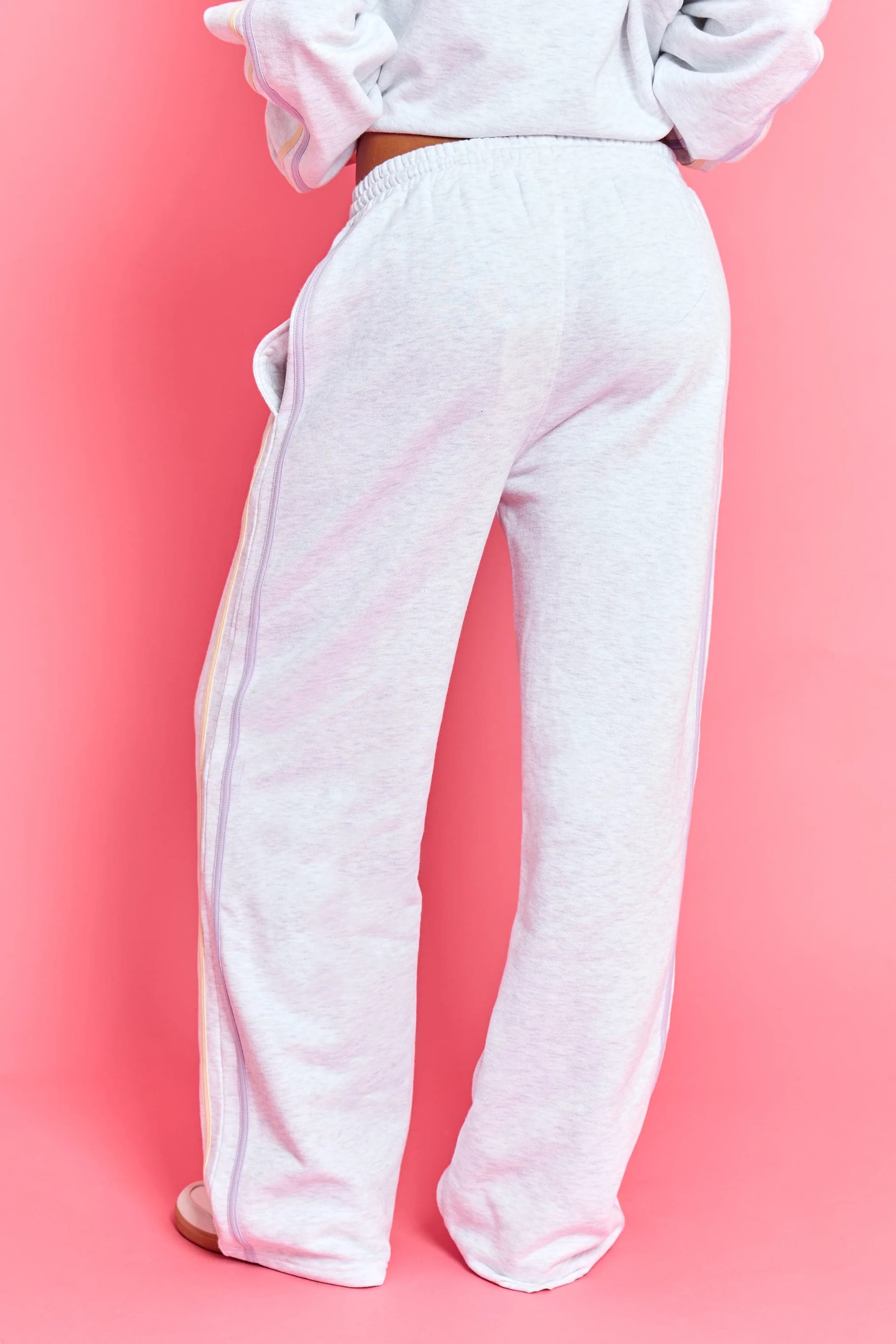Kaiia Kaiia Sport Side Stripe Wide Leg Joggers Light Grey Marl With Lemon & Lilac - 4