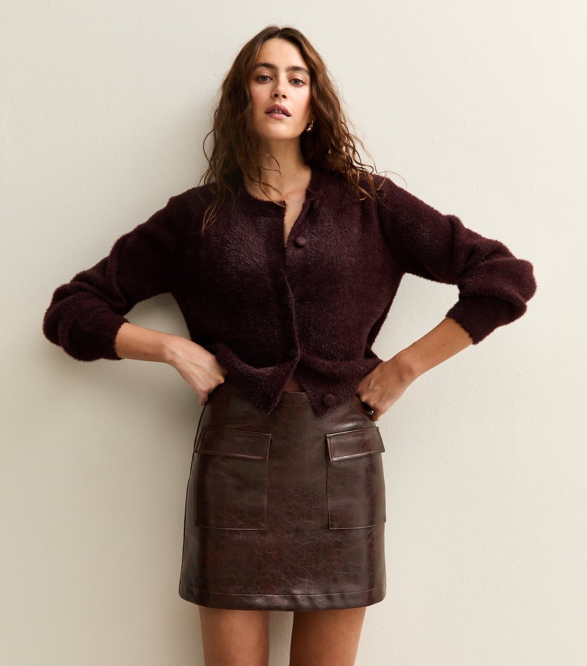 New Look Women's Dark Brown Faux Leather Cargo Mini Skirt New Look