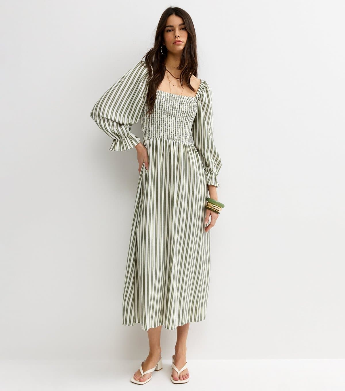 New Look Women's Green Striped Shirred Puff Sleeve Midi Dress New Look