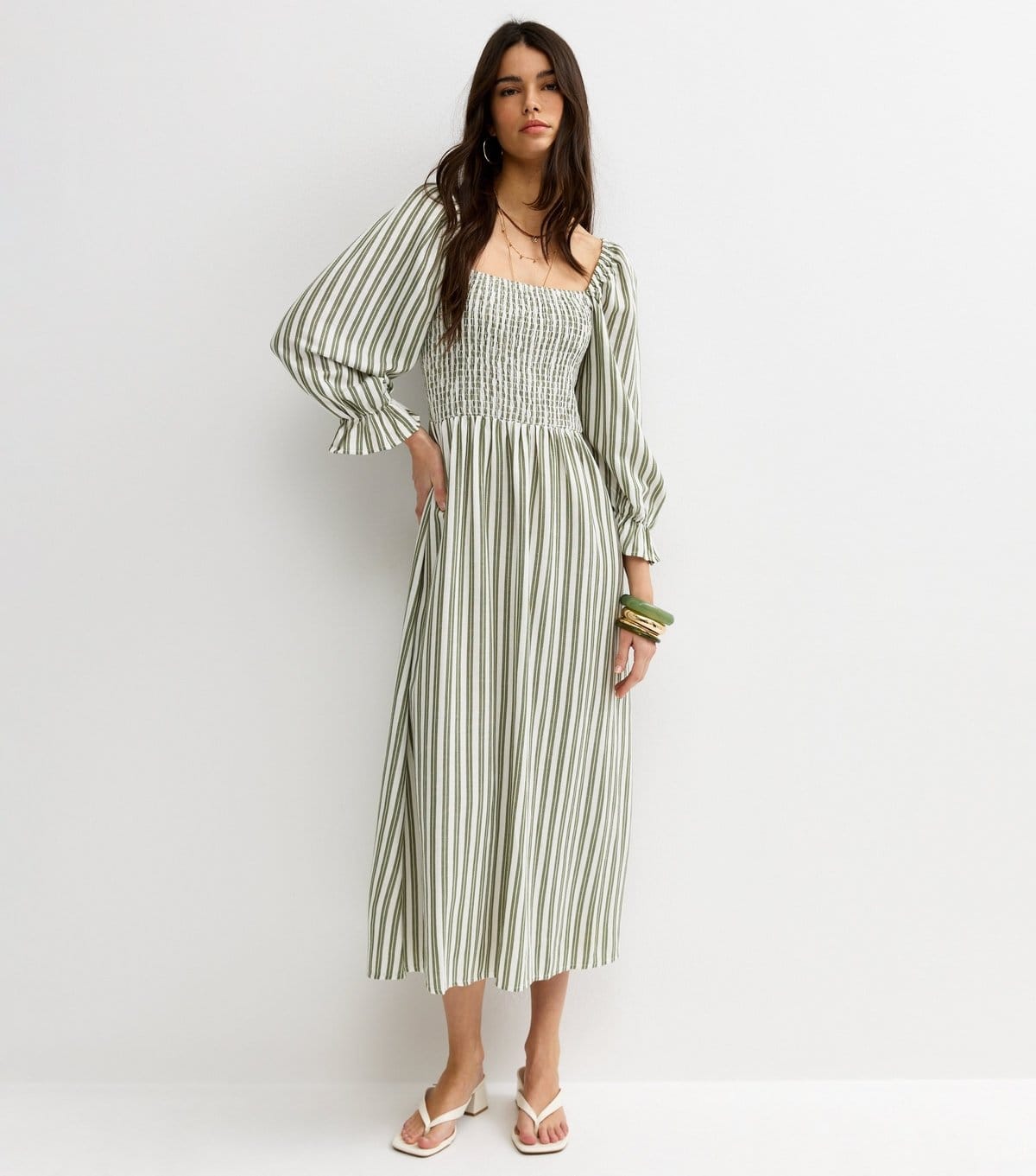New Look Green Striped Shirred Puff Sleeve Midi Dress