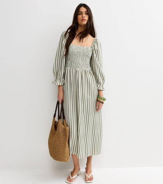 New Look Women's Green Striped Shirred Puff Sleeve Midi Dress New Look - 2