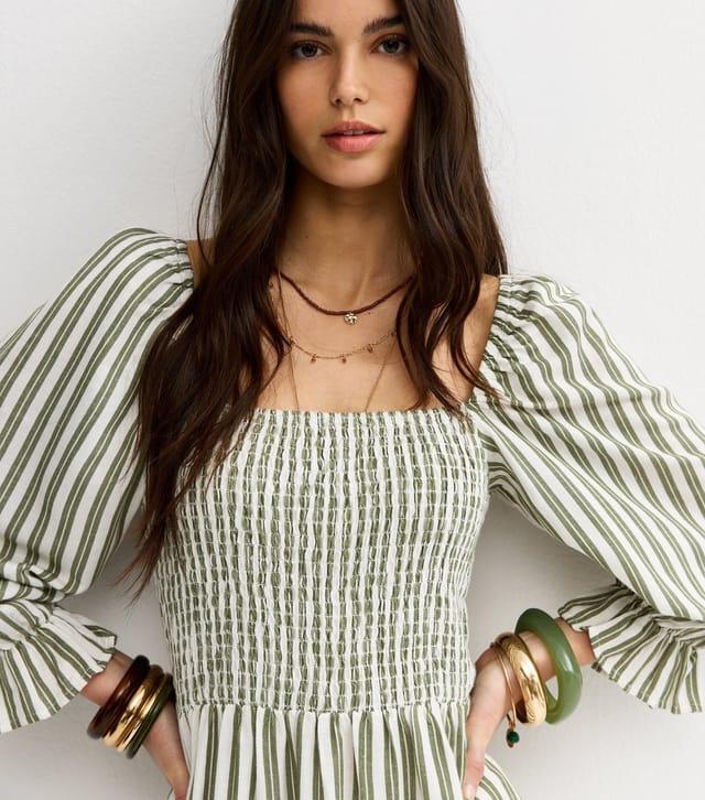 New Look Women's Green Striped Shirred Puff Sleeve Midi Dress New Look - 3