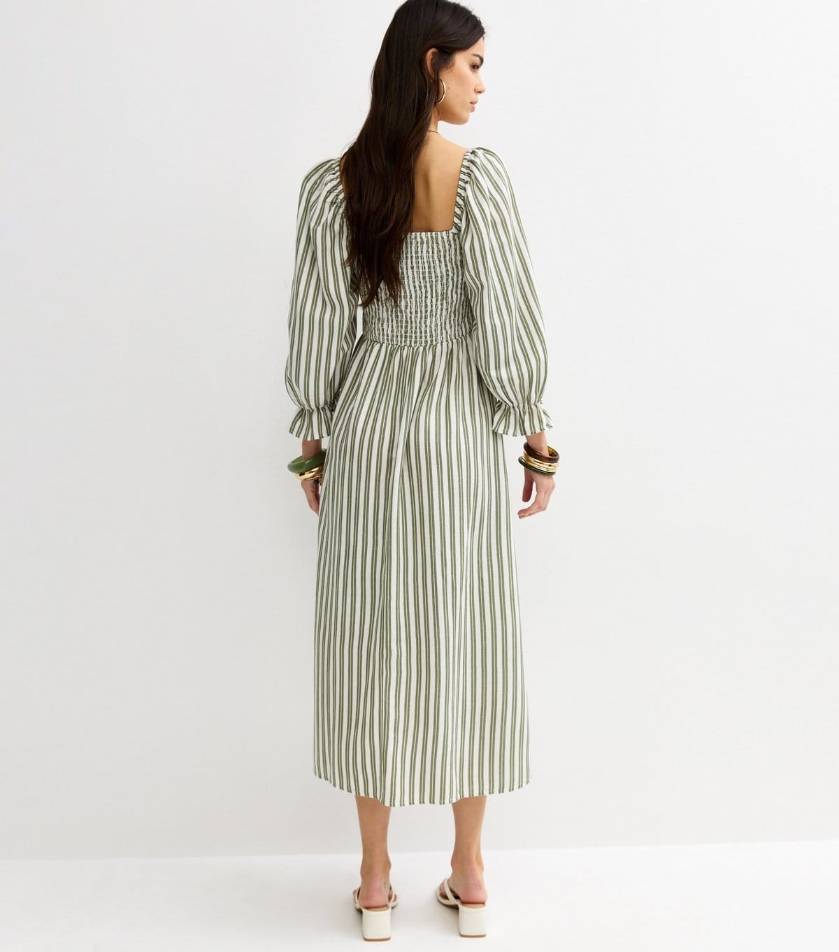 New Look Women's Green Striped Shirred Puff Sleeve Midi Dress New Look - 4