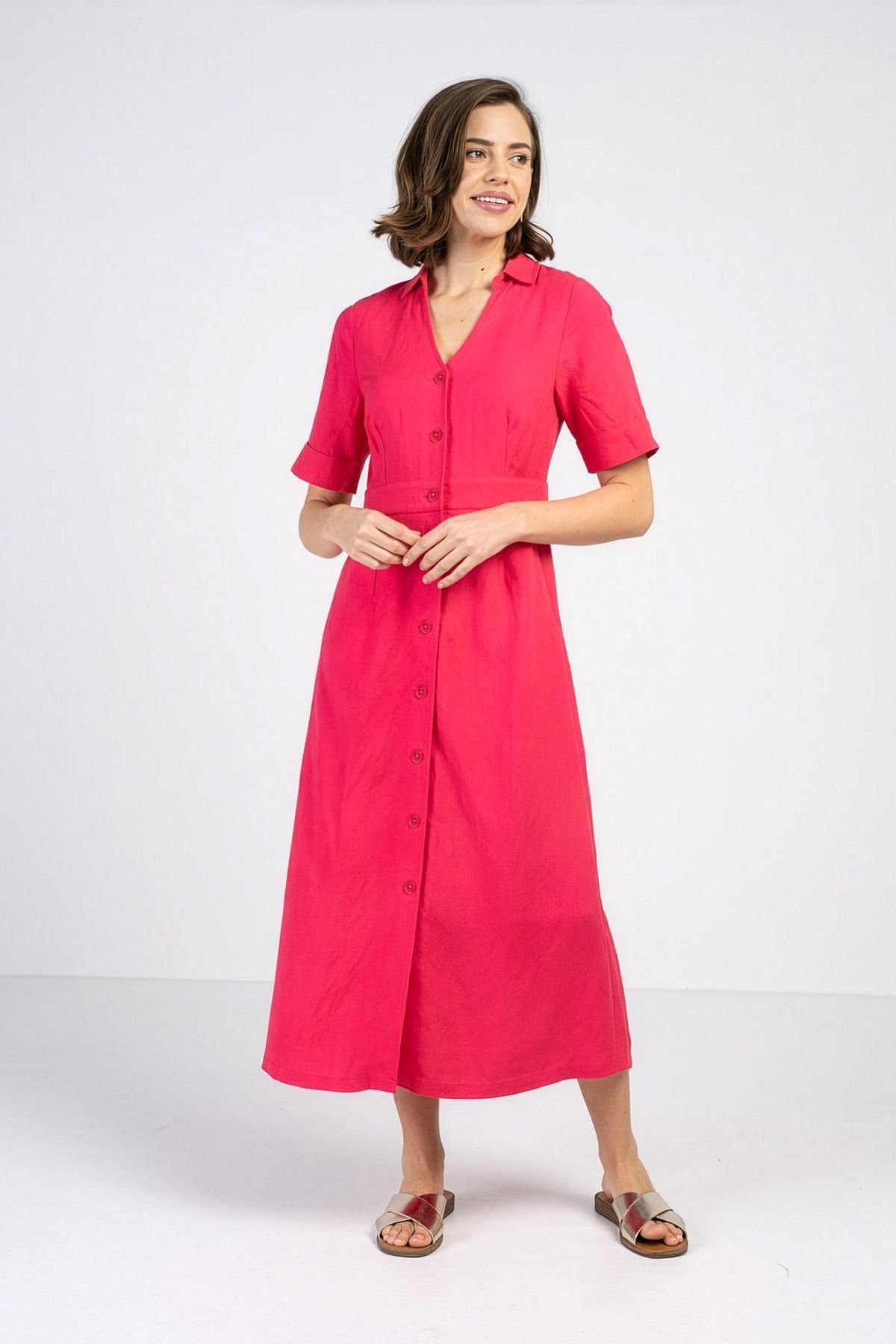 Kettlewell Kettlewell Women's Short Sleeve Linen Shirt Dress in Bright Pink