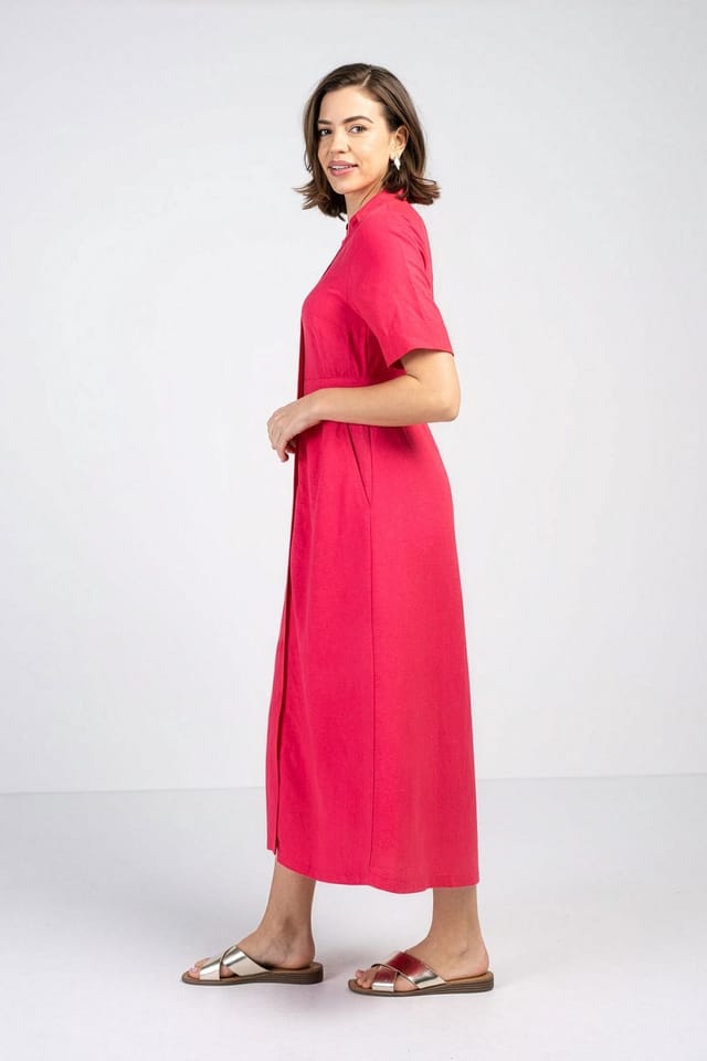 Kettlewell Kettlewell Women's Short Sleeve Linen Shirt Dress in Bright Pink - 3