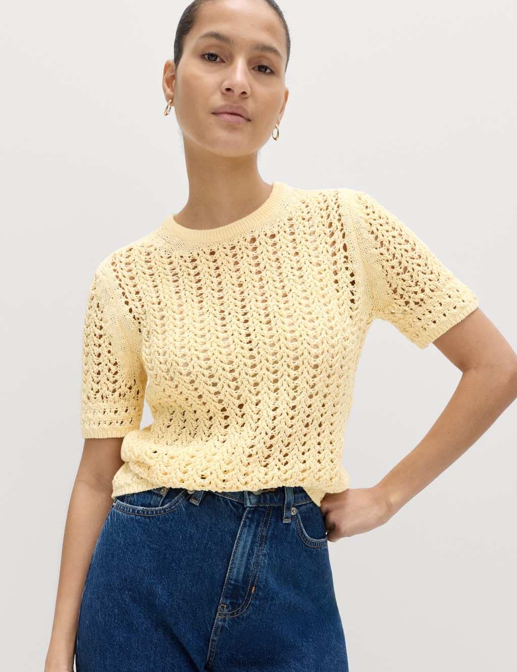 Marks & Spencer M&S Pale Yellow Cotton-Rich Textured Knitted Top