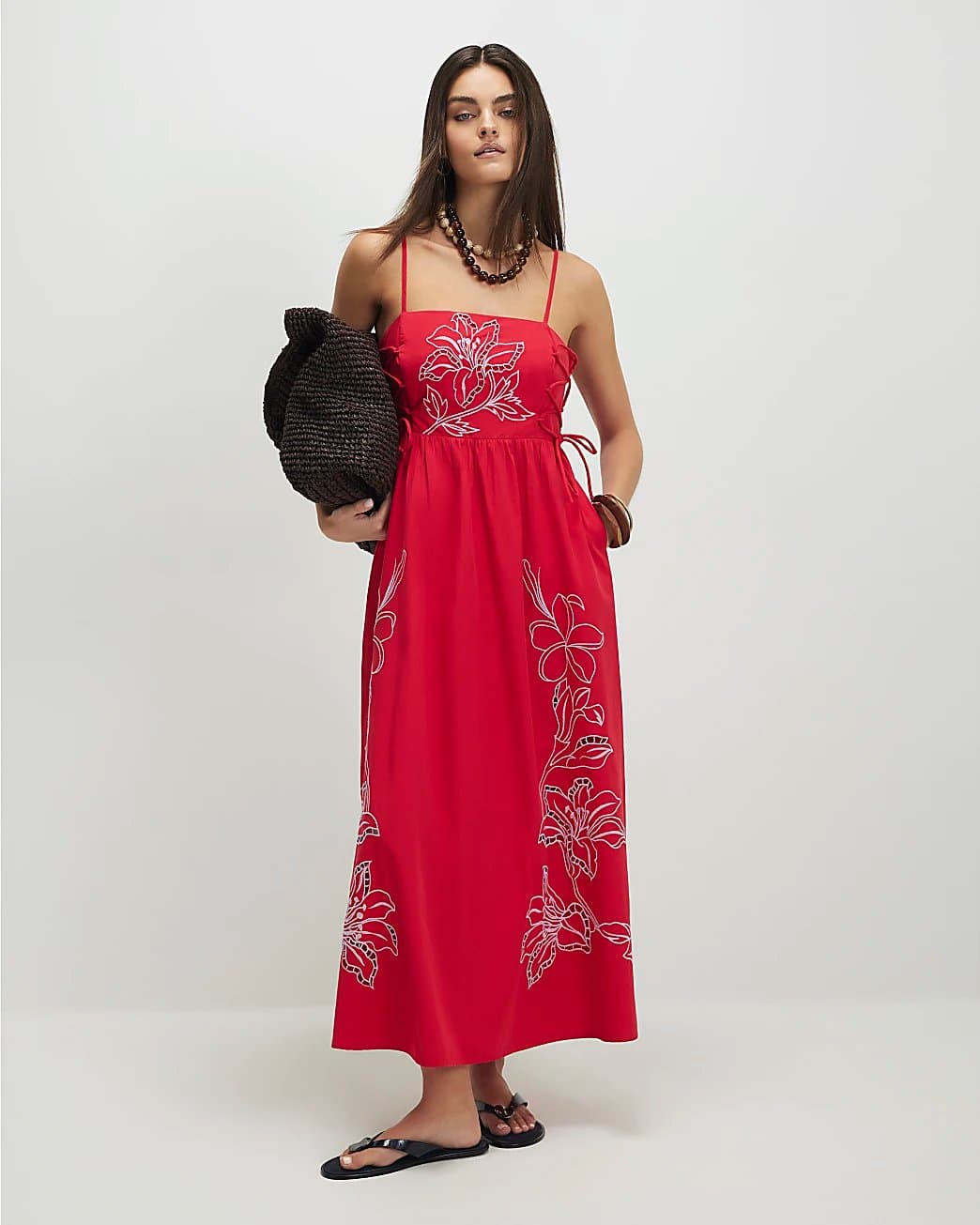 River Island River Island Womens Red Cotton Broderie Tie Side Midi Dress