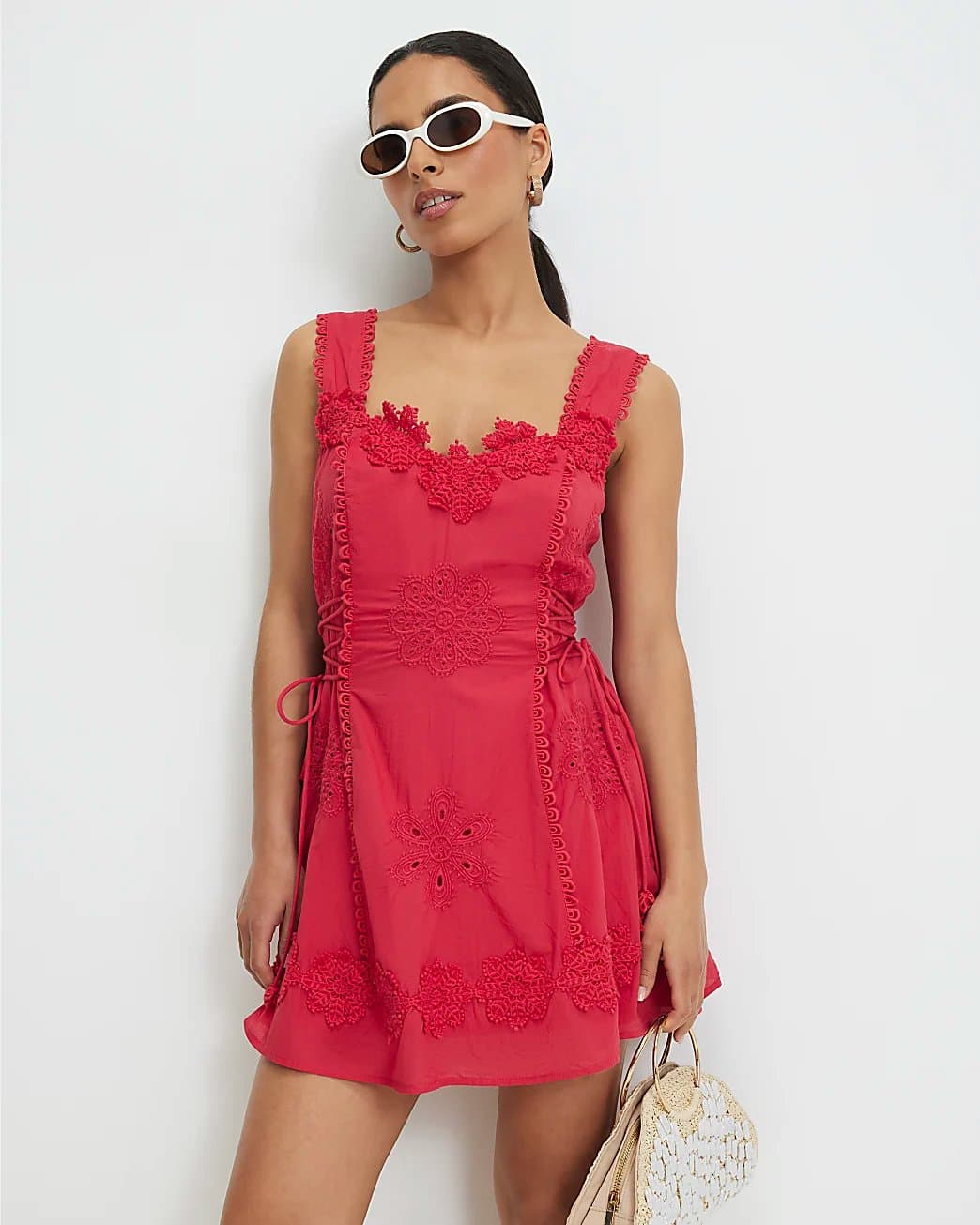 River Island River Island Womens Petite Red Crochet Embroidered Mini Dress