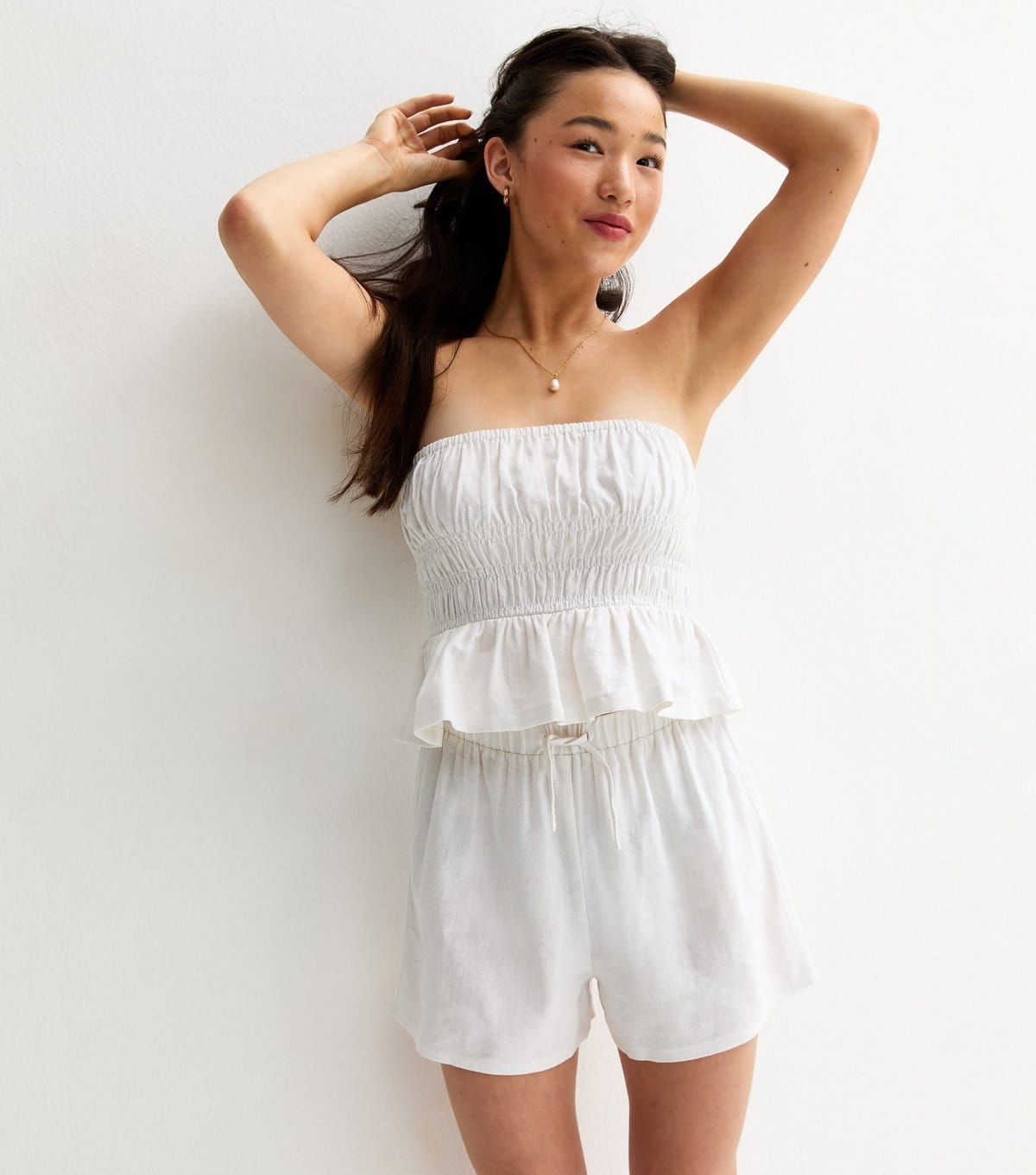 Girls' White Linen Blend Drawstring Shorts New Look